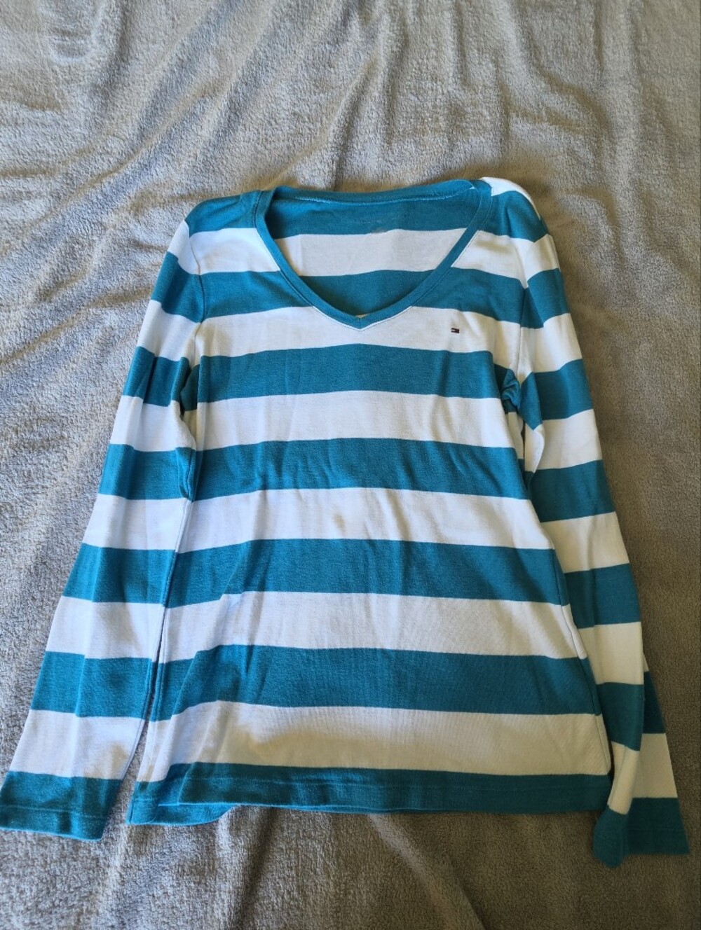 Tommy Hilfiger Teal and White Striped V-Neck Long Sleeve Top